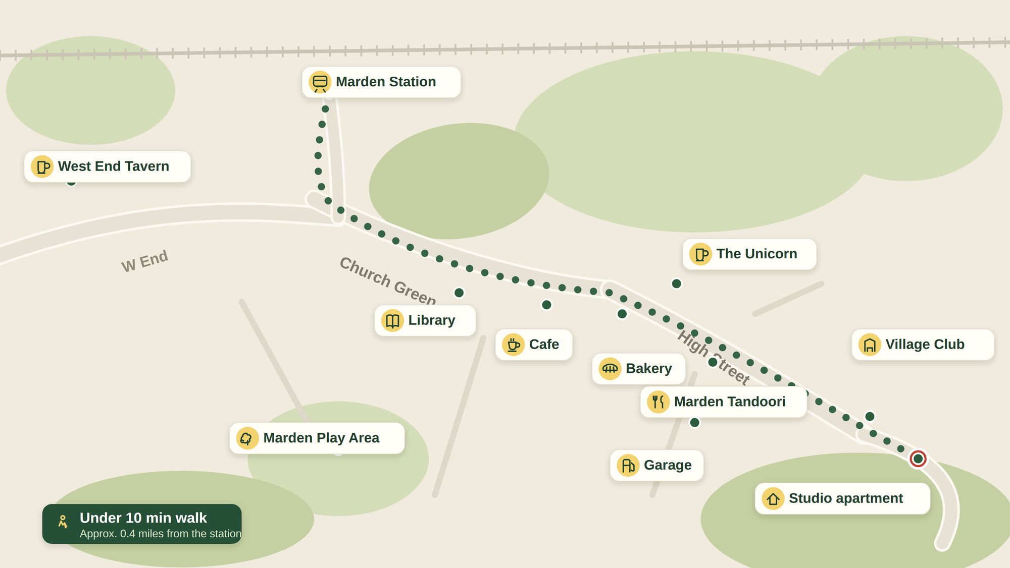 Village route map from Marden station to the studio apartment.