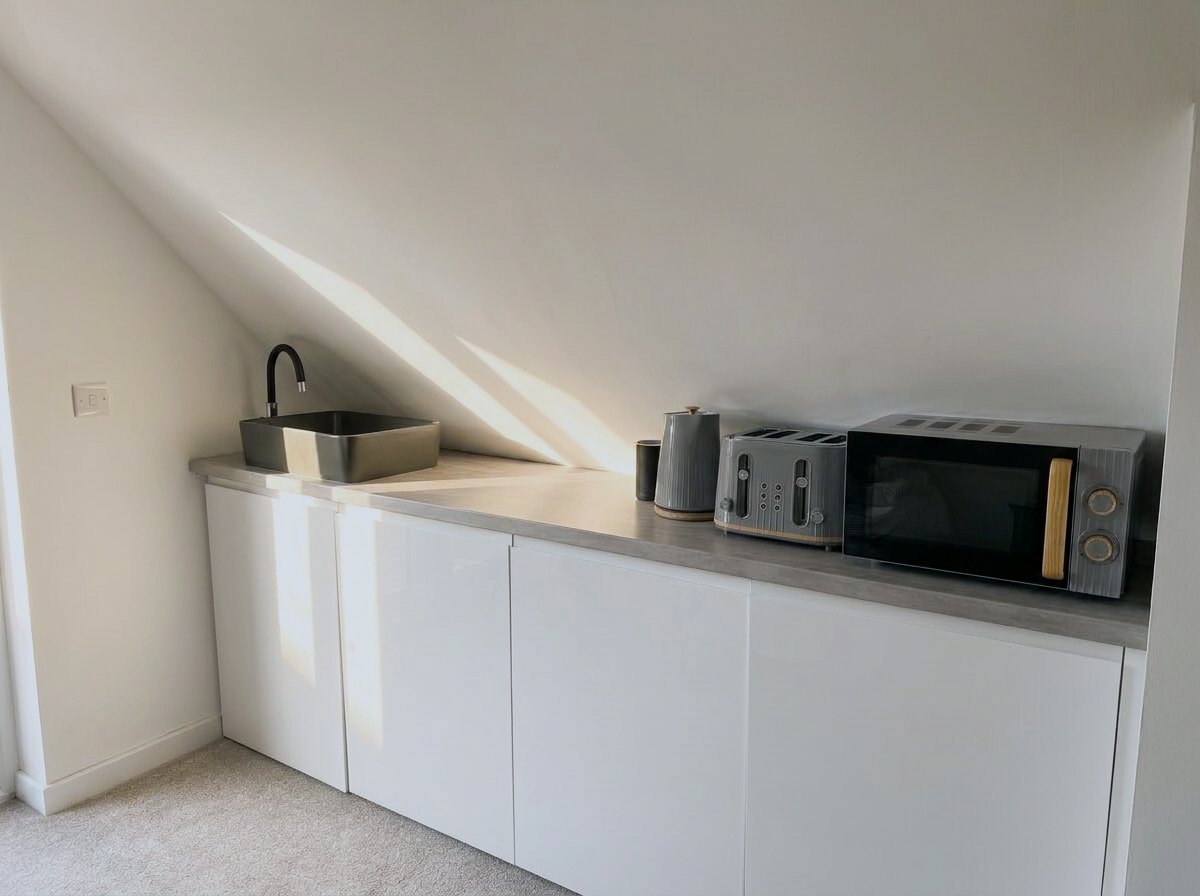 Compact kitchenette with microwave inside the studio apartment.